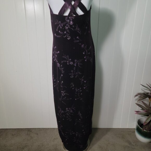 Vtg Y2k Whimsigoth Metallic Floral Velvet Halter Maxi Dress Plum CDC 8 - Picture 8 of 16